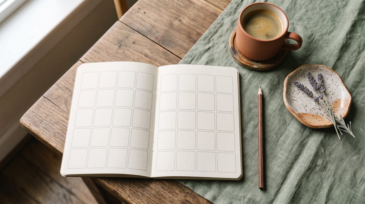 An open notebook with a grid of empty boxes for a day-by-day plan, next to a pencil and a cup.